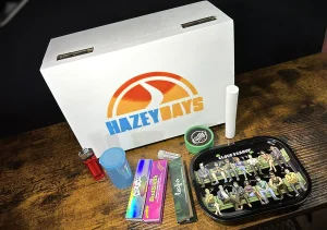 Hazeydays Large box with collection of goods with black background-High angle